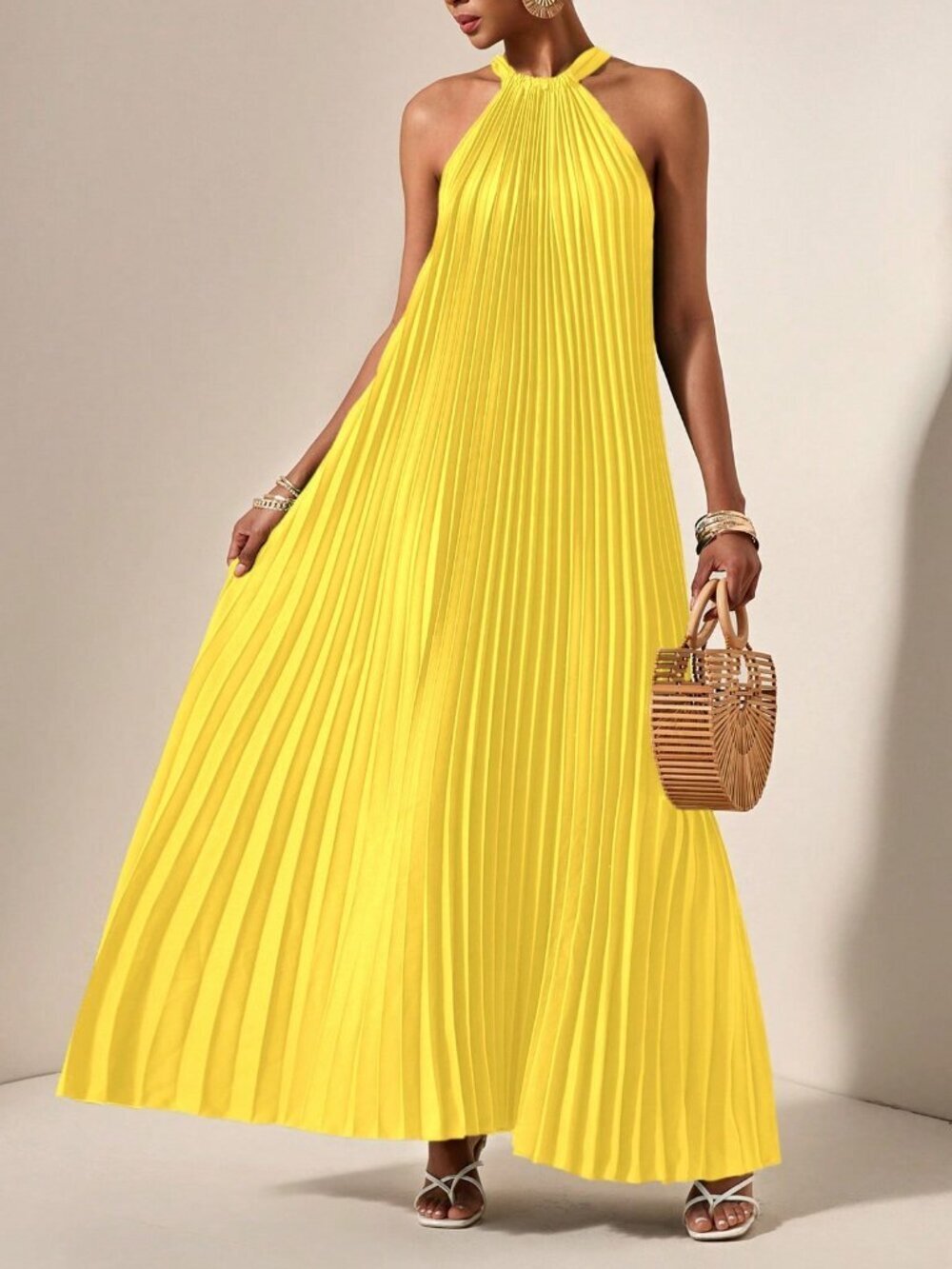 Yellow Casual Women's Halterneck Pleated A-Hem Loose Maxi dress - Picture 4 of 7